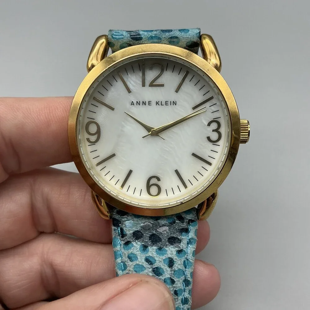 Anne Klein Womens Watch 40mm MOP Dial Gold Tone Blue Leather New Battery